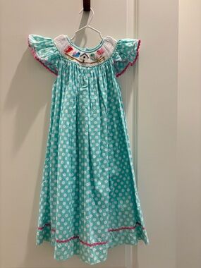Smocked Bird Dress Girls Aqua Polka Dot Boutique Easter Spring Flutter Sleeve